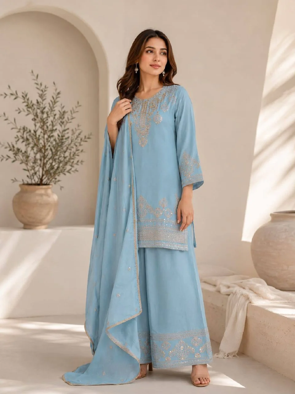 Embroidered Straight Kurta Set with Dupatta in Sky Blue — photo 2 of 7