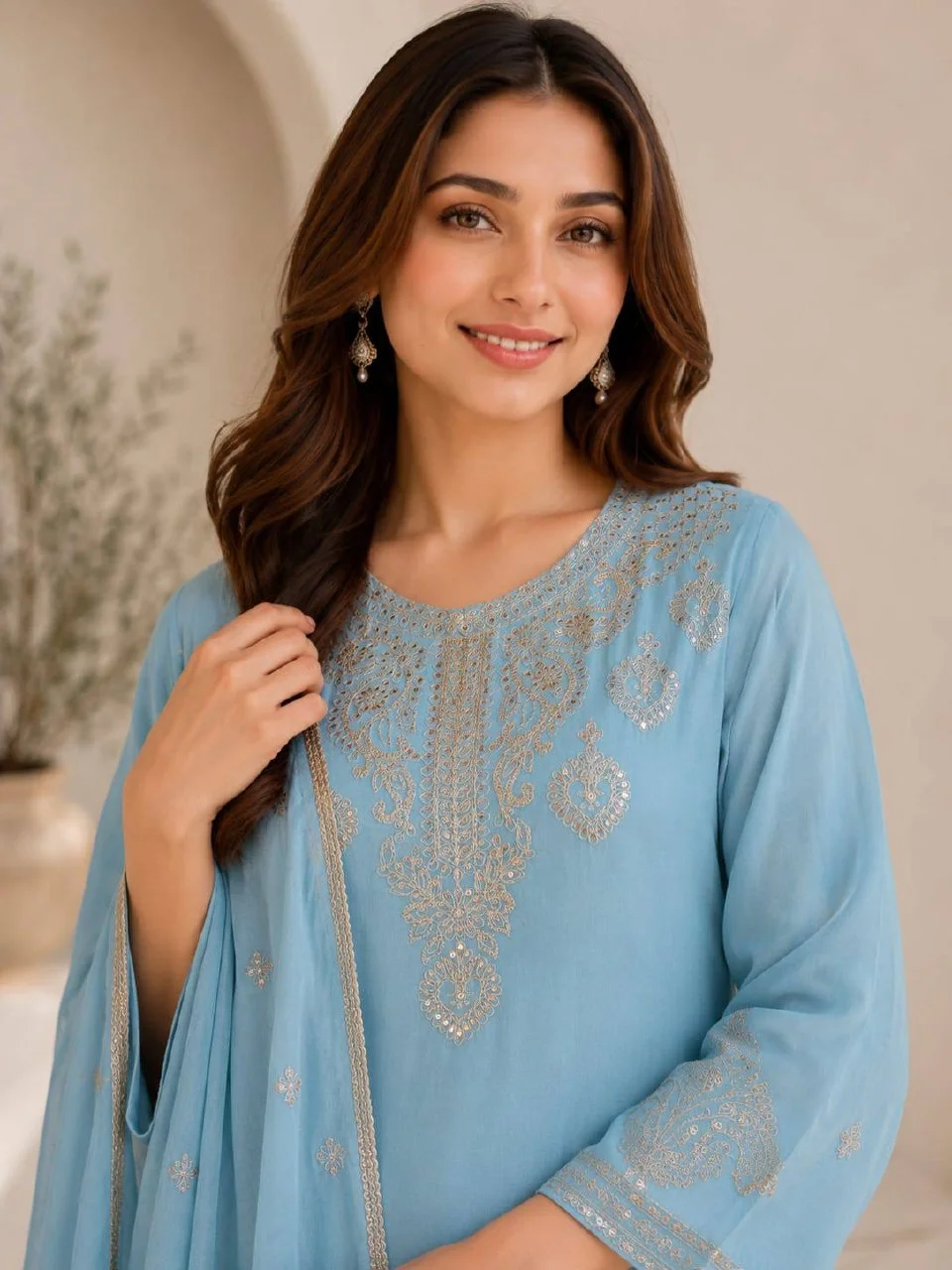 Embroidered Straight Kurta Set with Dupatta in Sky Blue — photo 3 of 7