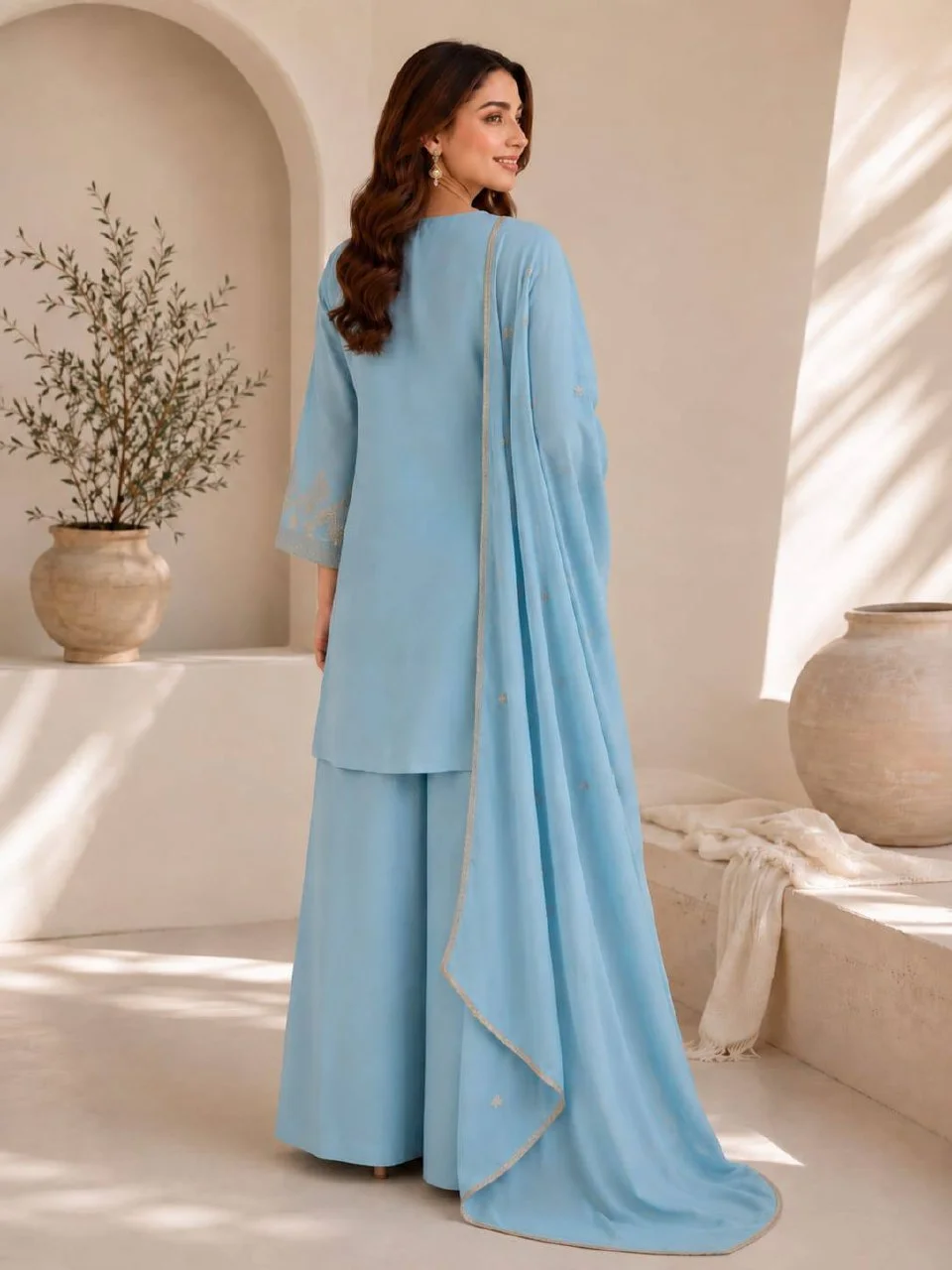 Embroidered Straight Kurta Set with Dupatta in Sky Blue — photo 4 of 7