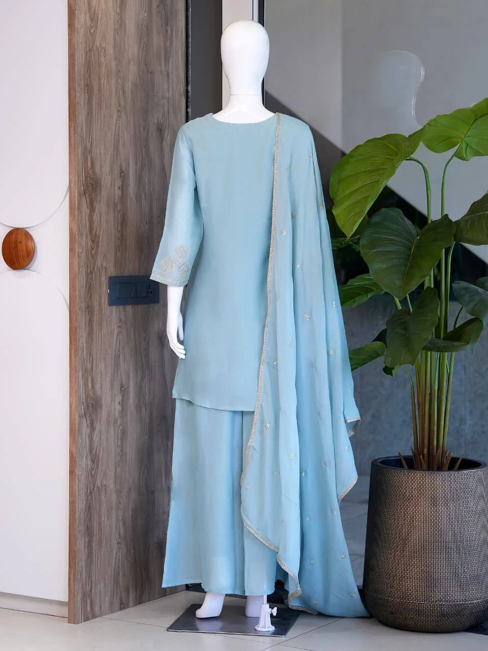 Embroidered Straight Kurta Set with Dupatta in Sky Blue — photo 7 of 7