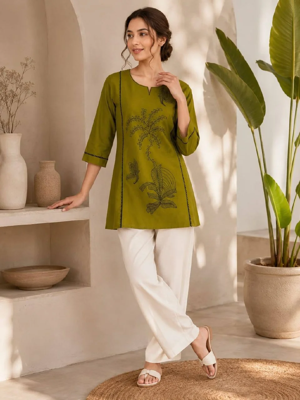 Cotton Butterfly Work Kurti with Palazzo in Olive Green — photo 2 of 8