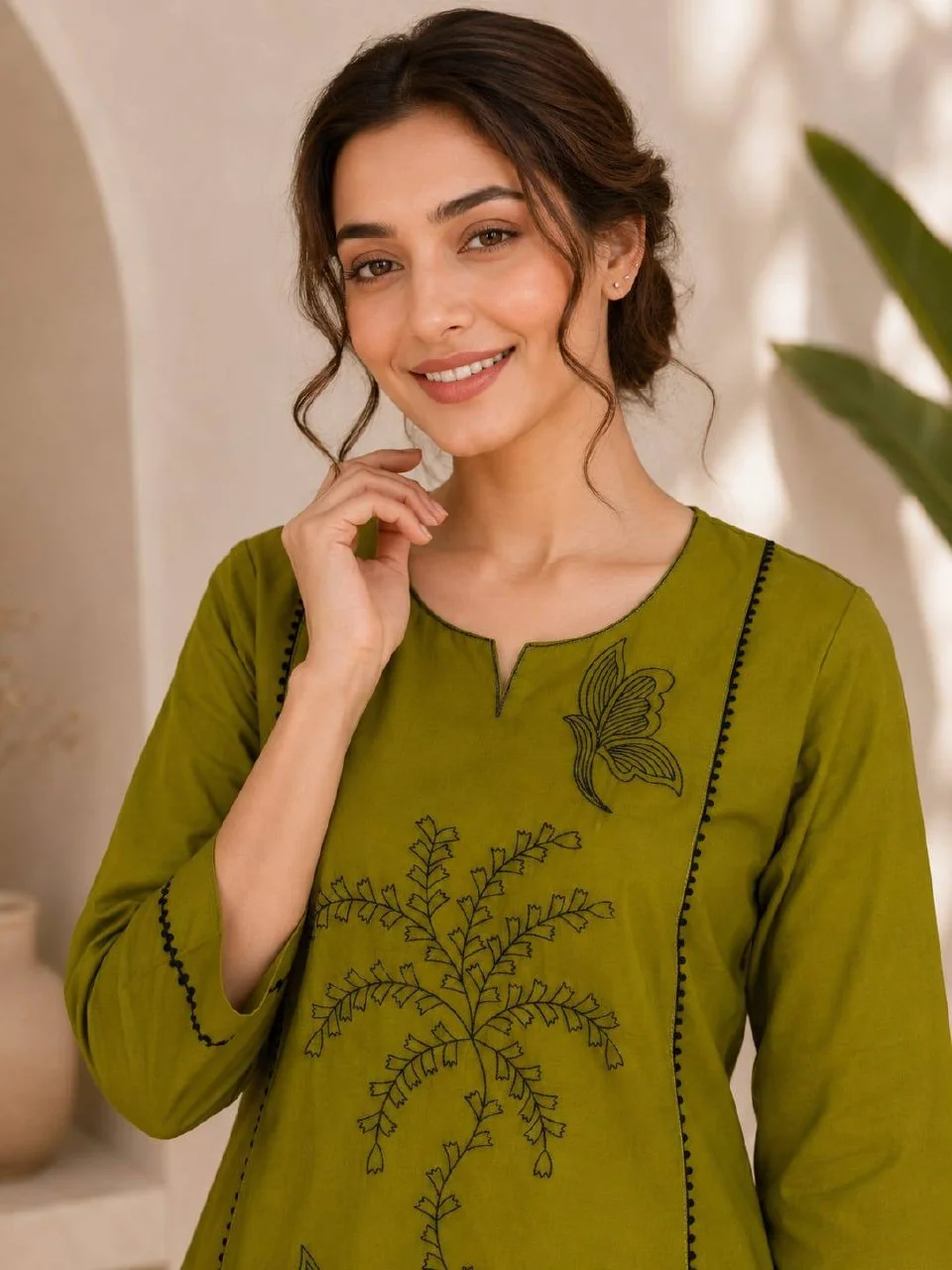 Cotton Butterfly Work Kurti with Palazzo in Olive Green — photo 3 of 8