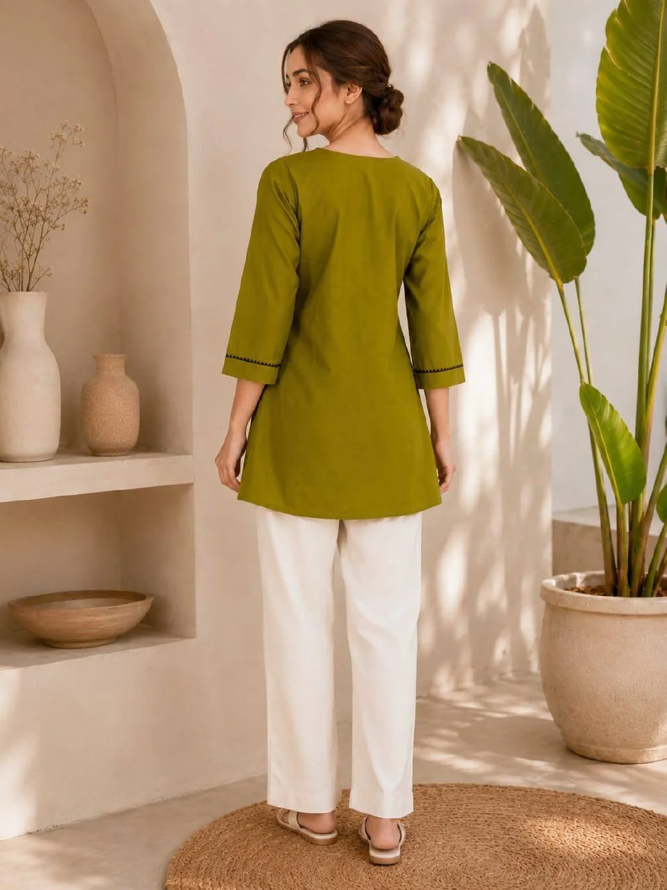 Cotton Butterfly Work Kurti with Palazzo in Olive Green — photo 4 of 8