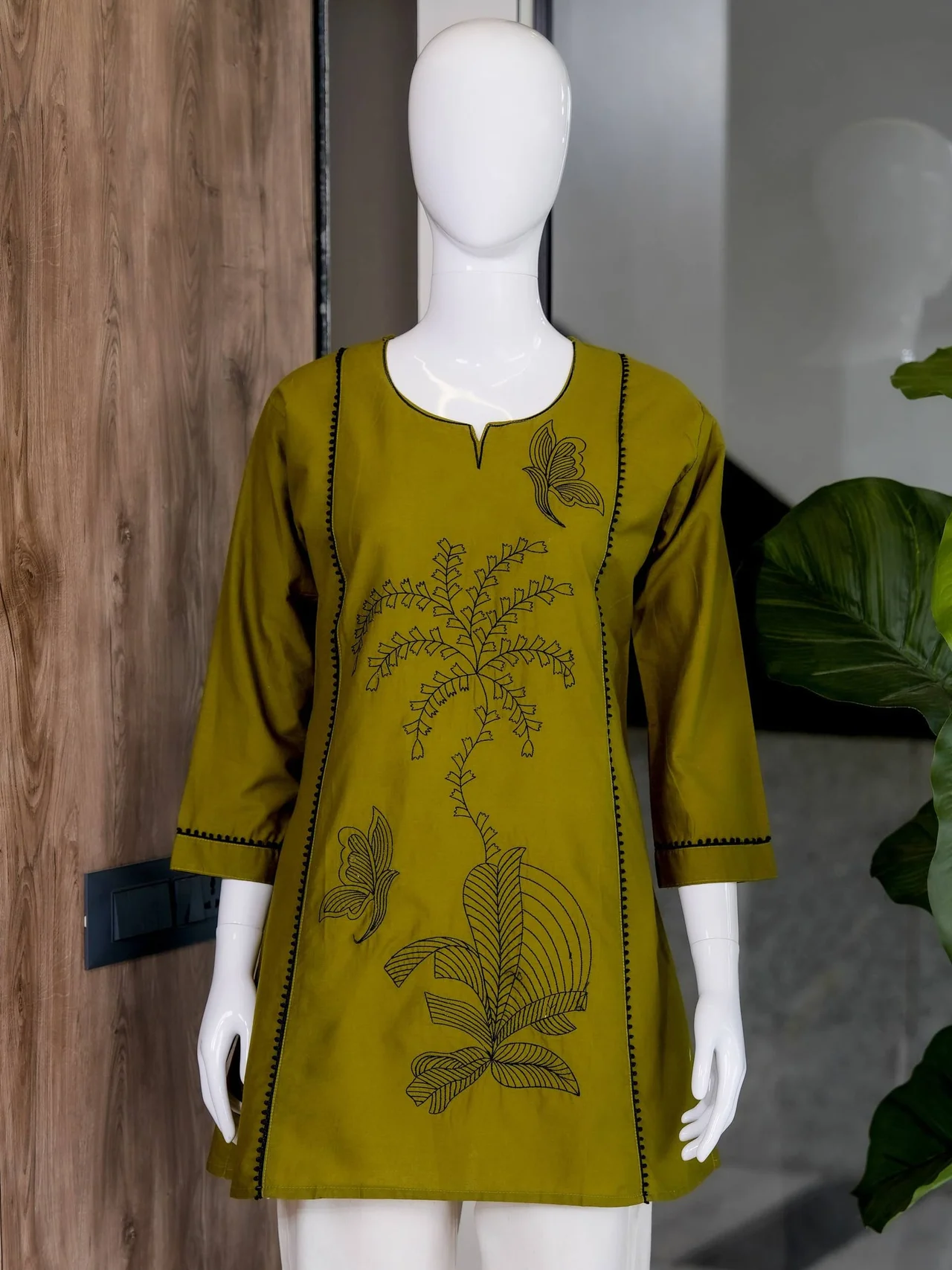 Cotton Butterfly Work Kurti with Palazzo in Olive Green — photo 5 of 8