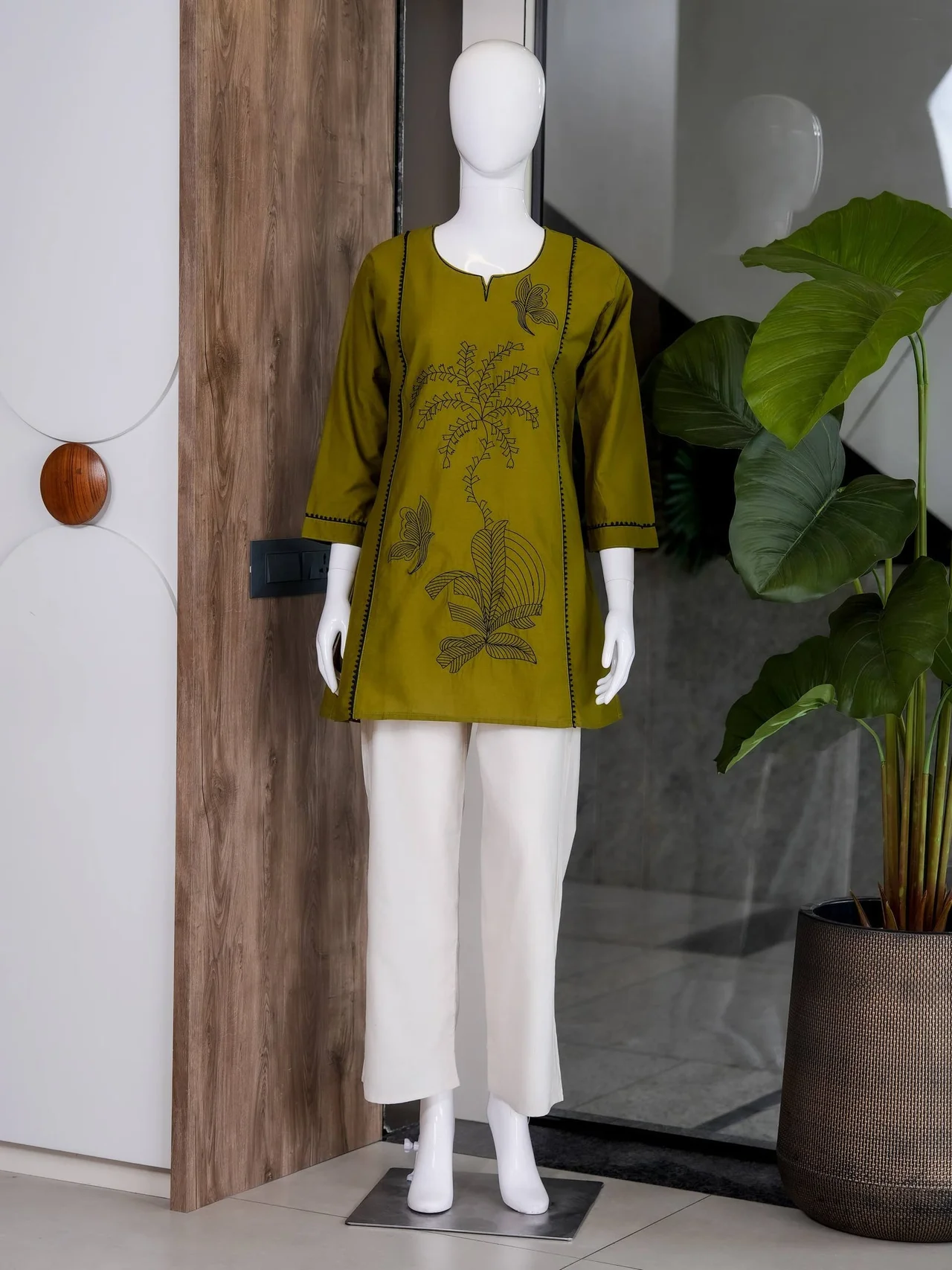 Cotton Butterfly Work Kurti with Palazzo in Olive Green — photo 6 of 8