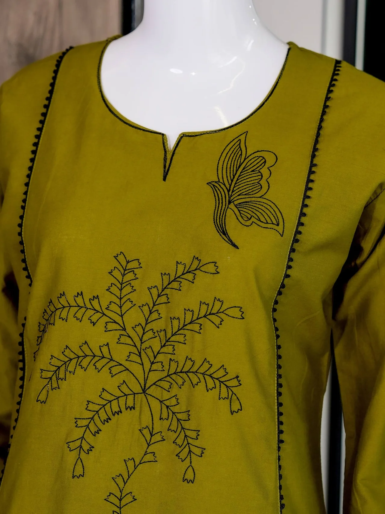 Cotton Butterfly Work Kurti with Palazzo in Olive Green — photo 7 of 8