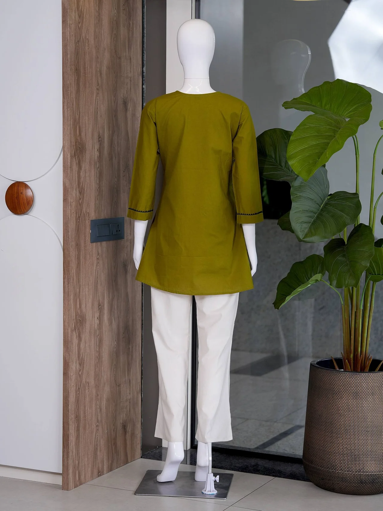 Cotton Butterfly Work Kurti with Palazzo in Olive Green — photo 8 of 8