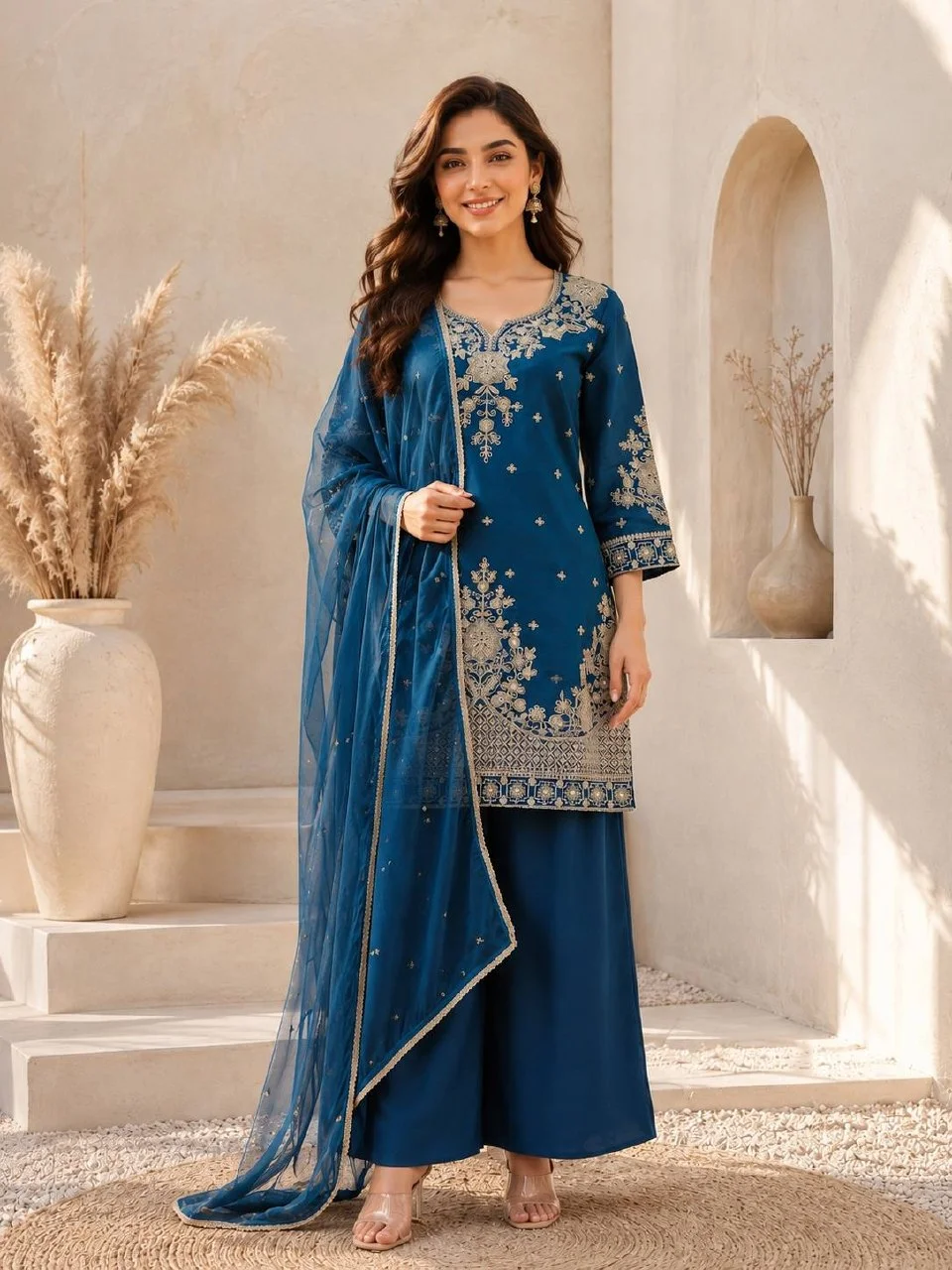 Roman Silk Embroidered Kurta with Dupatta in Peacock Blue — photo 2 of 7