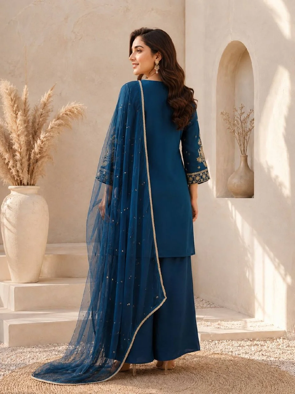 Roman Silk Embroidered Kurta with Dupatta in Peacock Blue — photo 3 of 7