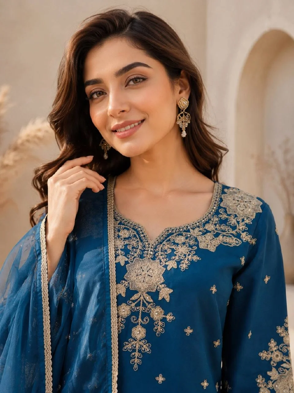 Roman Silk Embroidered Kurta with Dupatta in Peacock Blue — photo 4 of 7