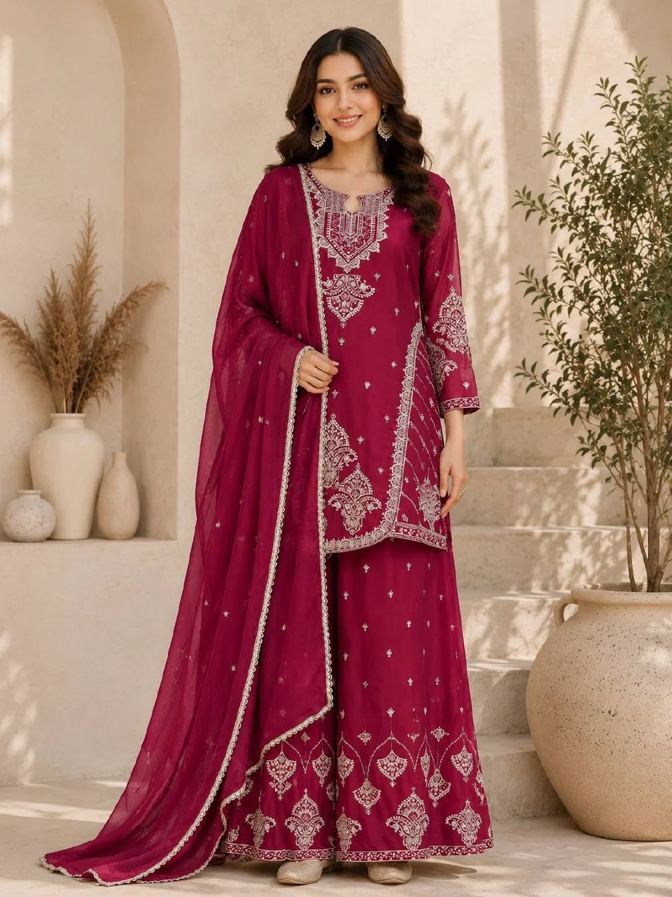 Keyhole Neck Sequin Kurta Set with Dupatta in Rani Pink — photo 2 of 6