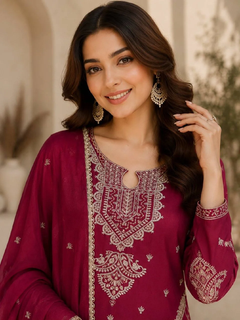 Keyhole Neck Sequin Kurta Set with Dupatta in Rani Pink — photo 3 of 6