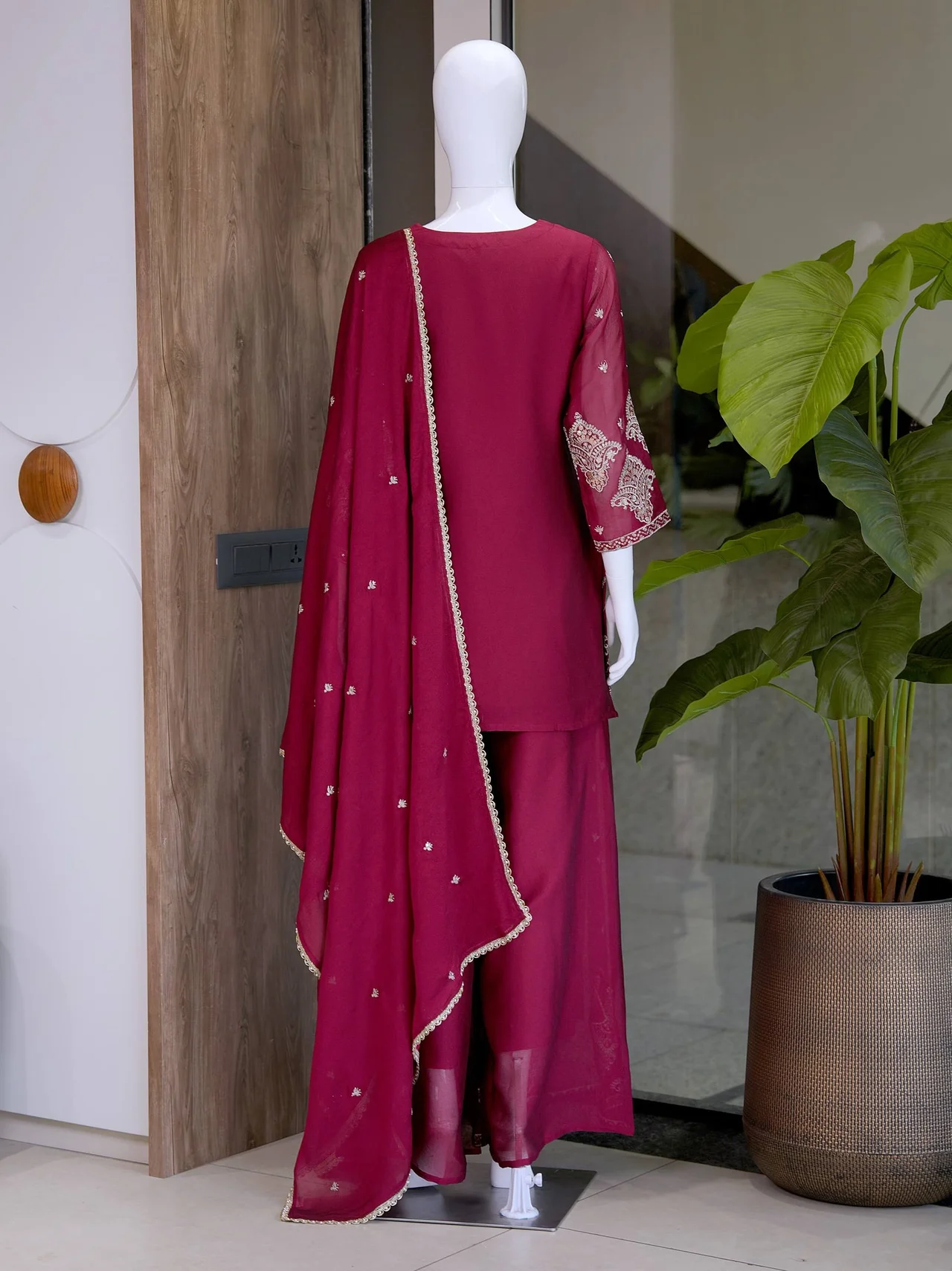 Keyhole Neck Sequin Kurta Set with Dupatta in Rani Pink — photo 6 of 6