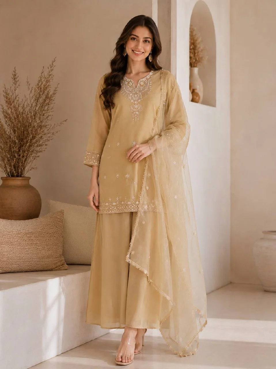 Sequin Kurta Set with Organza Dupatta in Beige — photo 2 of 7