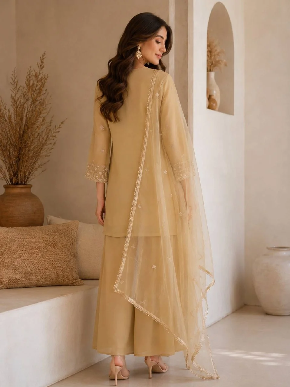Sequin Kurta Set with Organza Dupatta in Beige — photo 3 of 7