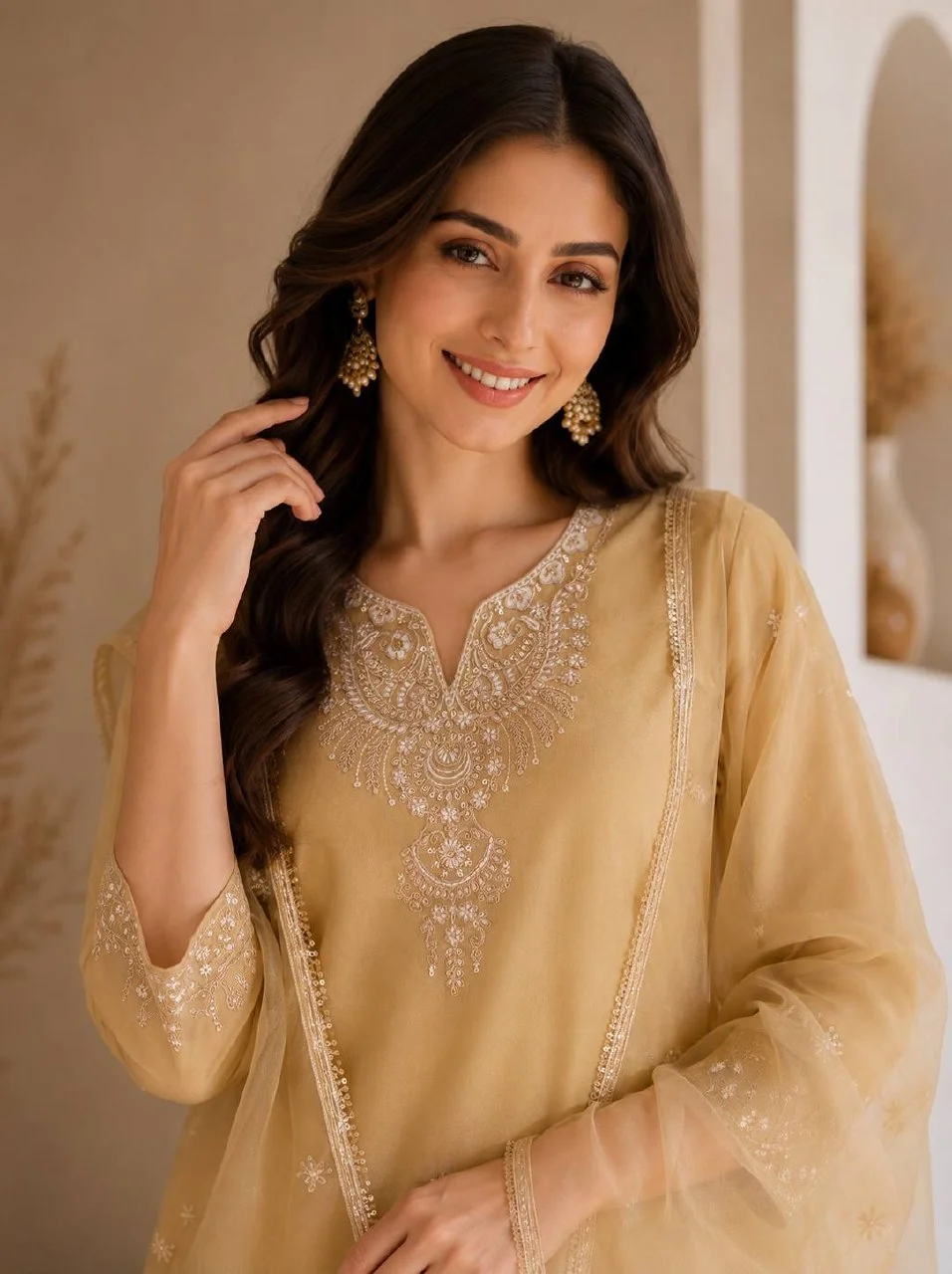 Sequin Kurta Set with Organza Dupatta in Beige — photo 4 of 7