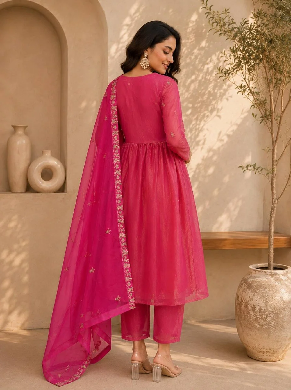 Satin Sequin Anarkali Kurta Set with Dupatta in Rani Pink — photo 2 of 6