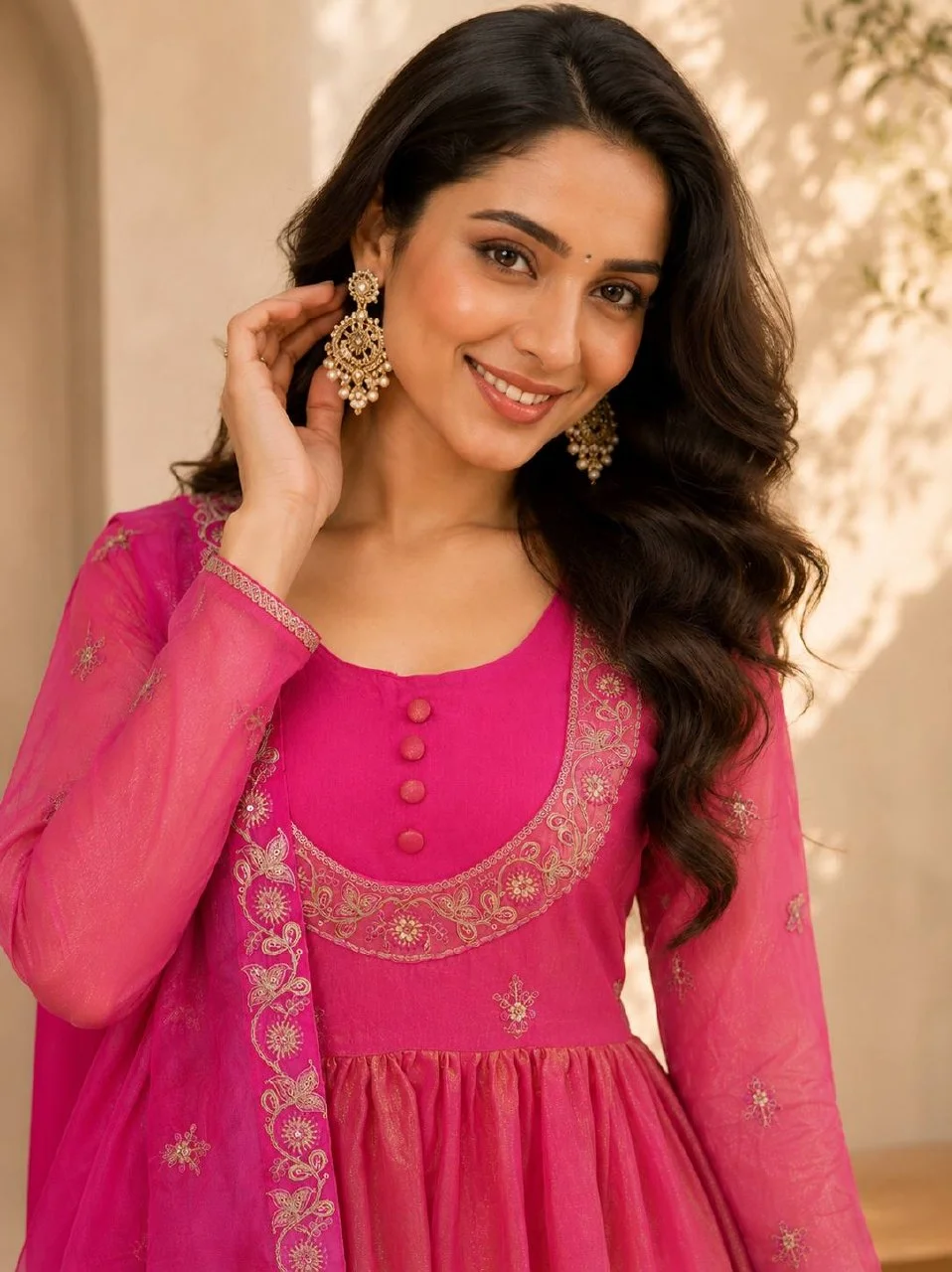 Satin Sequin Anarkali Kurta Set with Dupatta in Rani Pink — photo 3 of 6