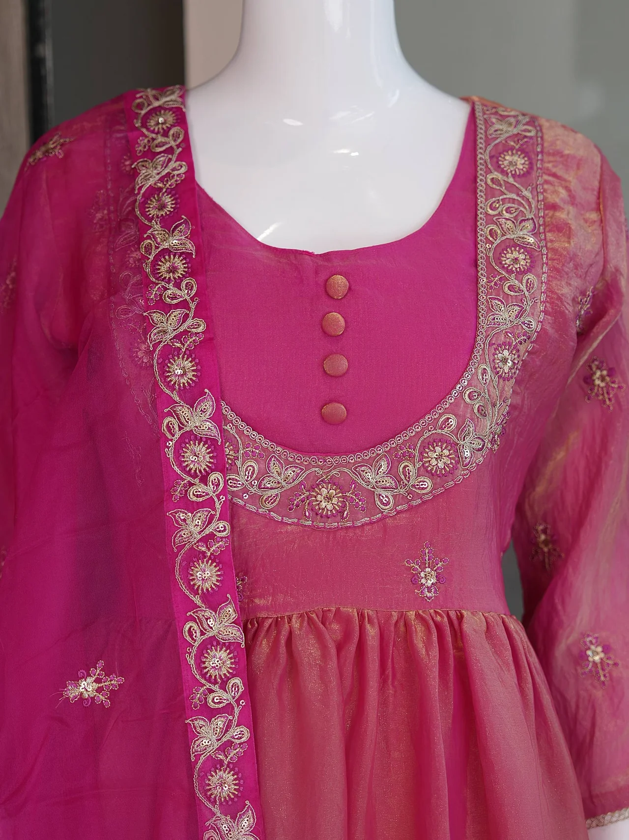 Satin Sequin Anarkali Kurta Set with Dupatta in Rani Pink — photo 4 of 6