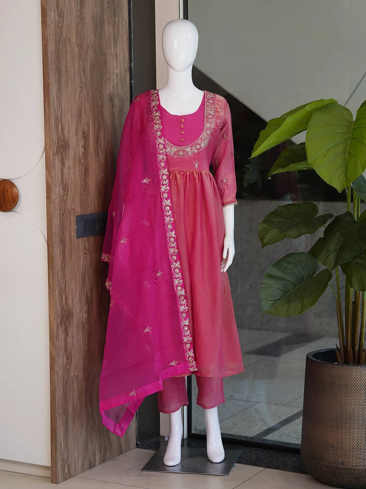 Satin Sequin Anarkali Kurta Set with Dupatta in Rani Pink — photo 5 of 6