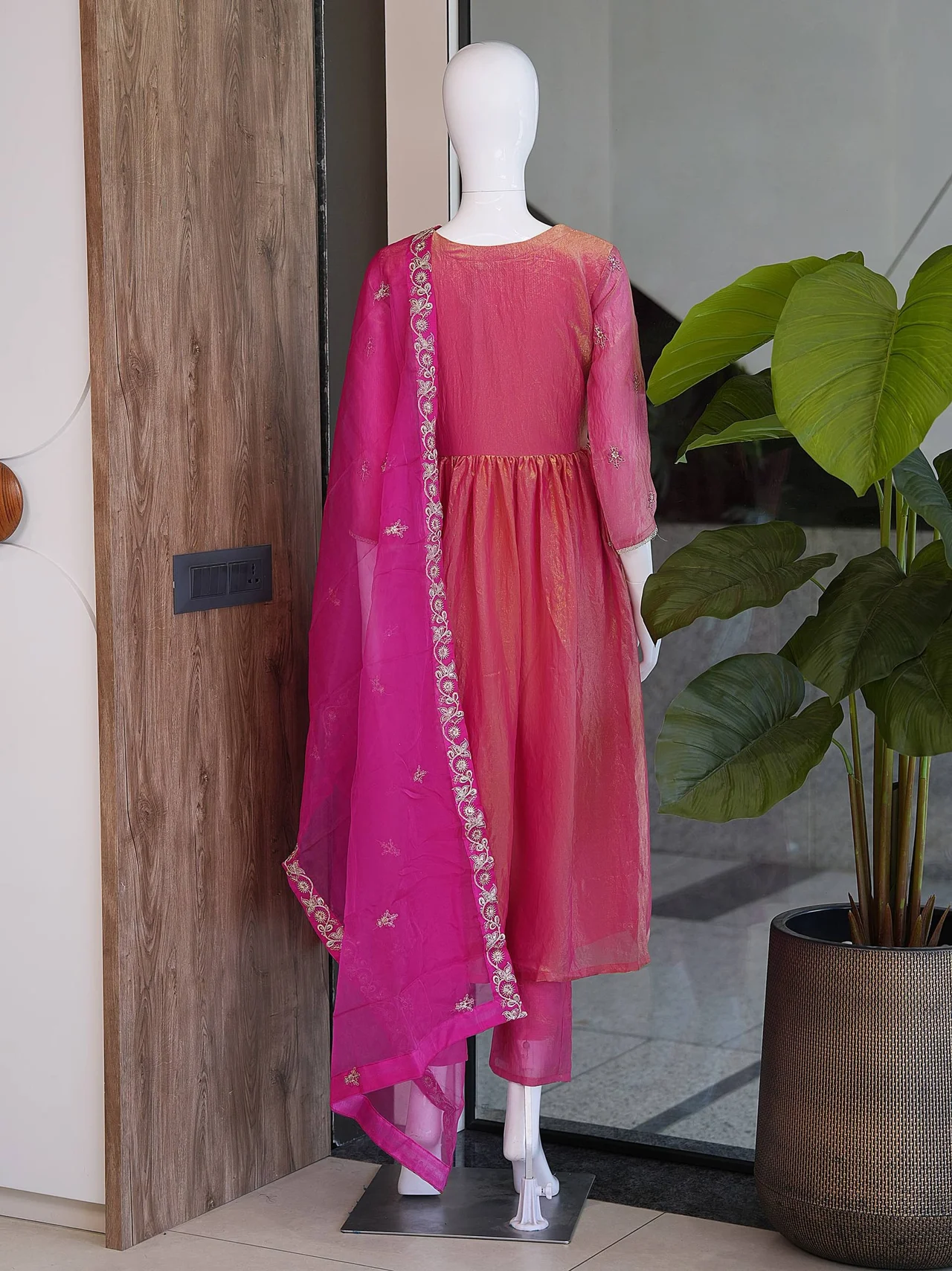 Satin Sequin Anarkali Kurta Set with Dupatta in Rani Pink — photo 6 of 6
