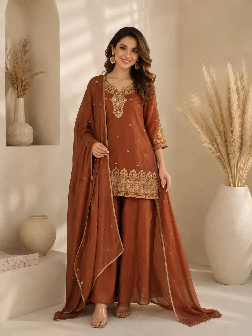 Sequin Notch Neck Kurta Set with Dupatta in Rust — photo 2 of 7
