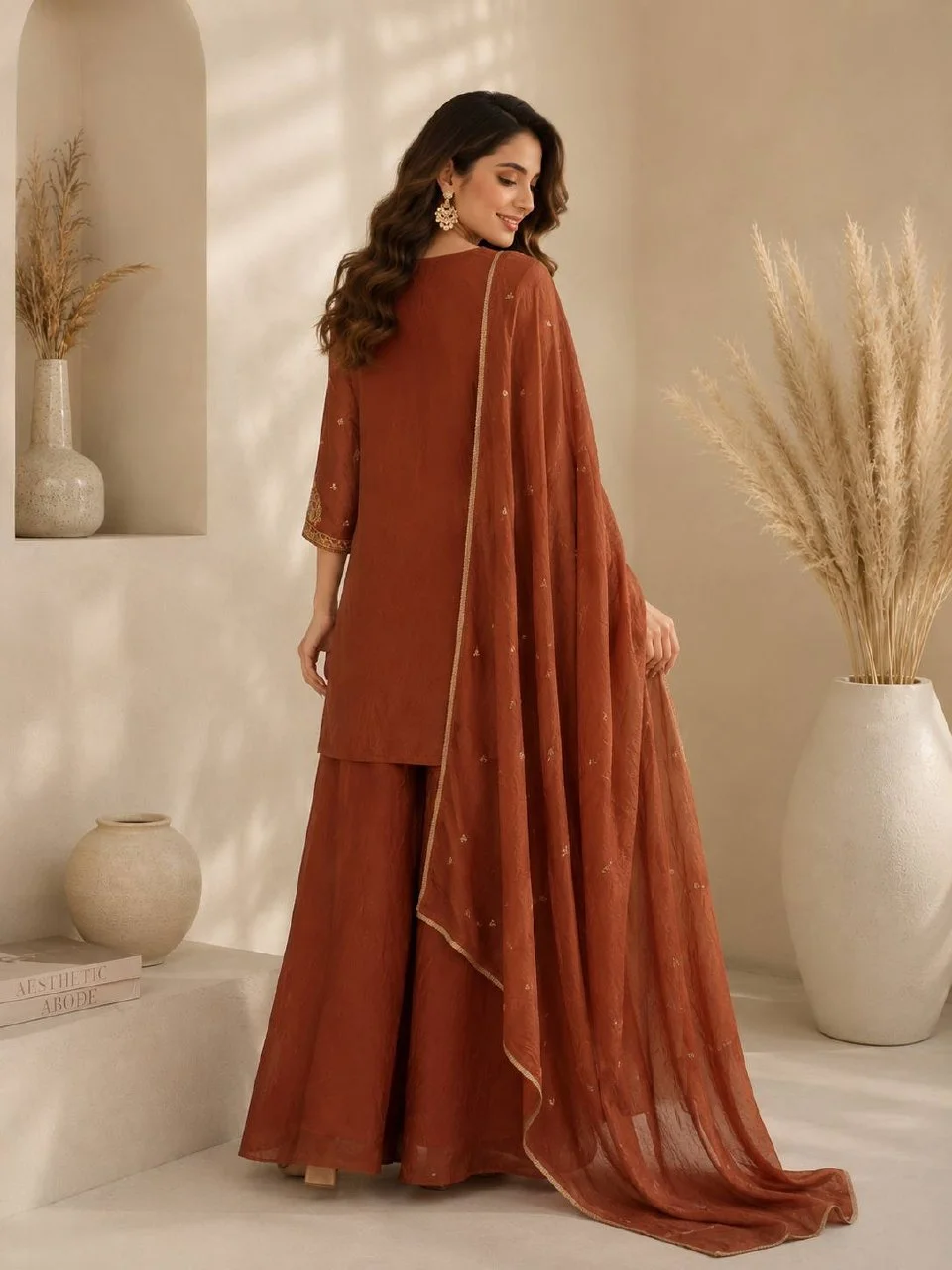 Sequin Notch Neck Kurta Set with Dupatta in Rust — photo 3 of 7