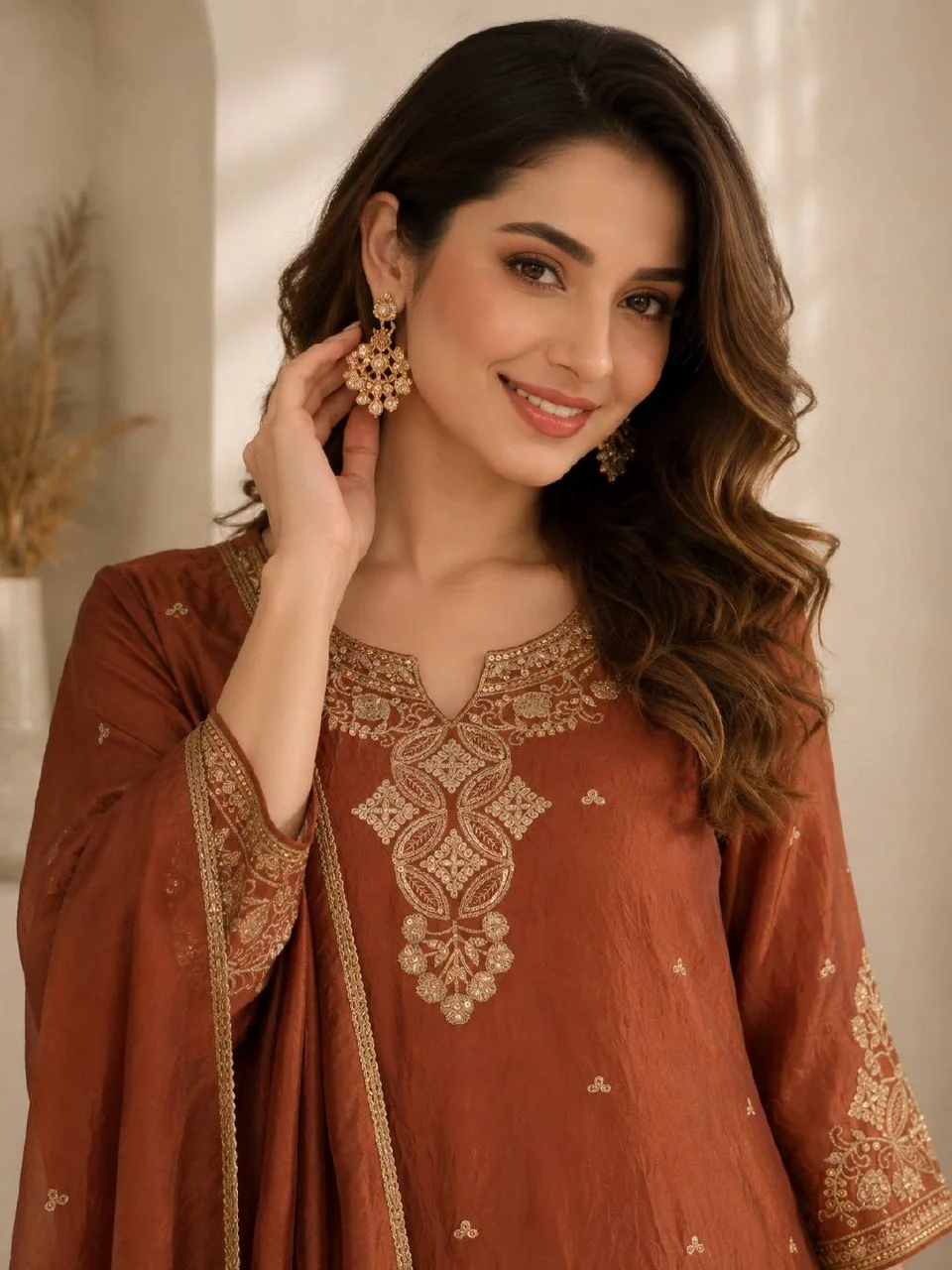 Sequin Notch Neck Kurta Set with Dupatta in Rust — photo 4 of 7