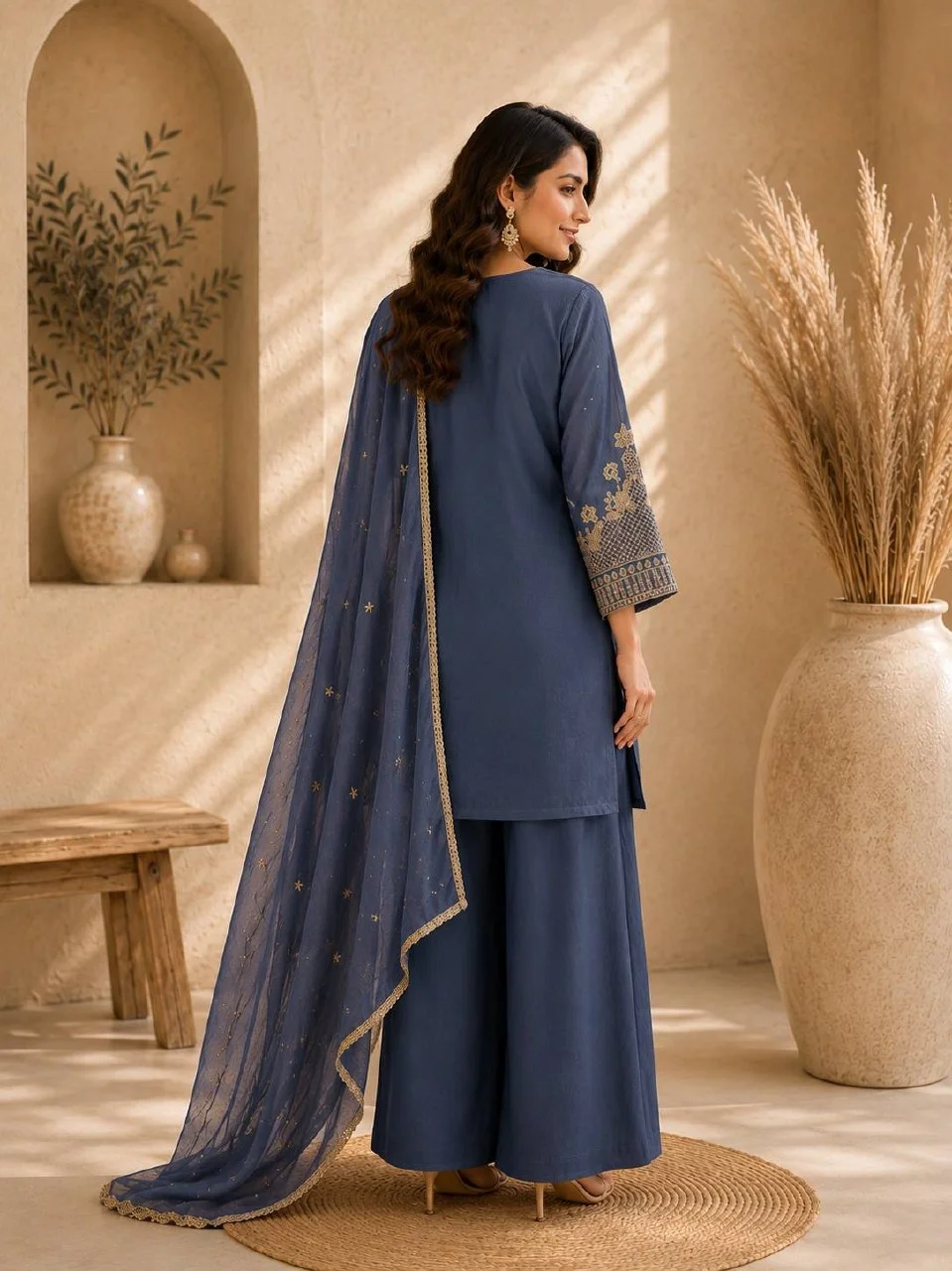 Embroidered V Neck Kurta Set with Dupatta in Denim Blue — photo 2 of 6
