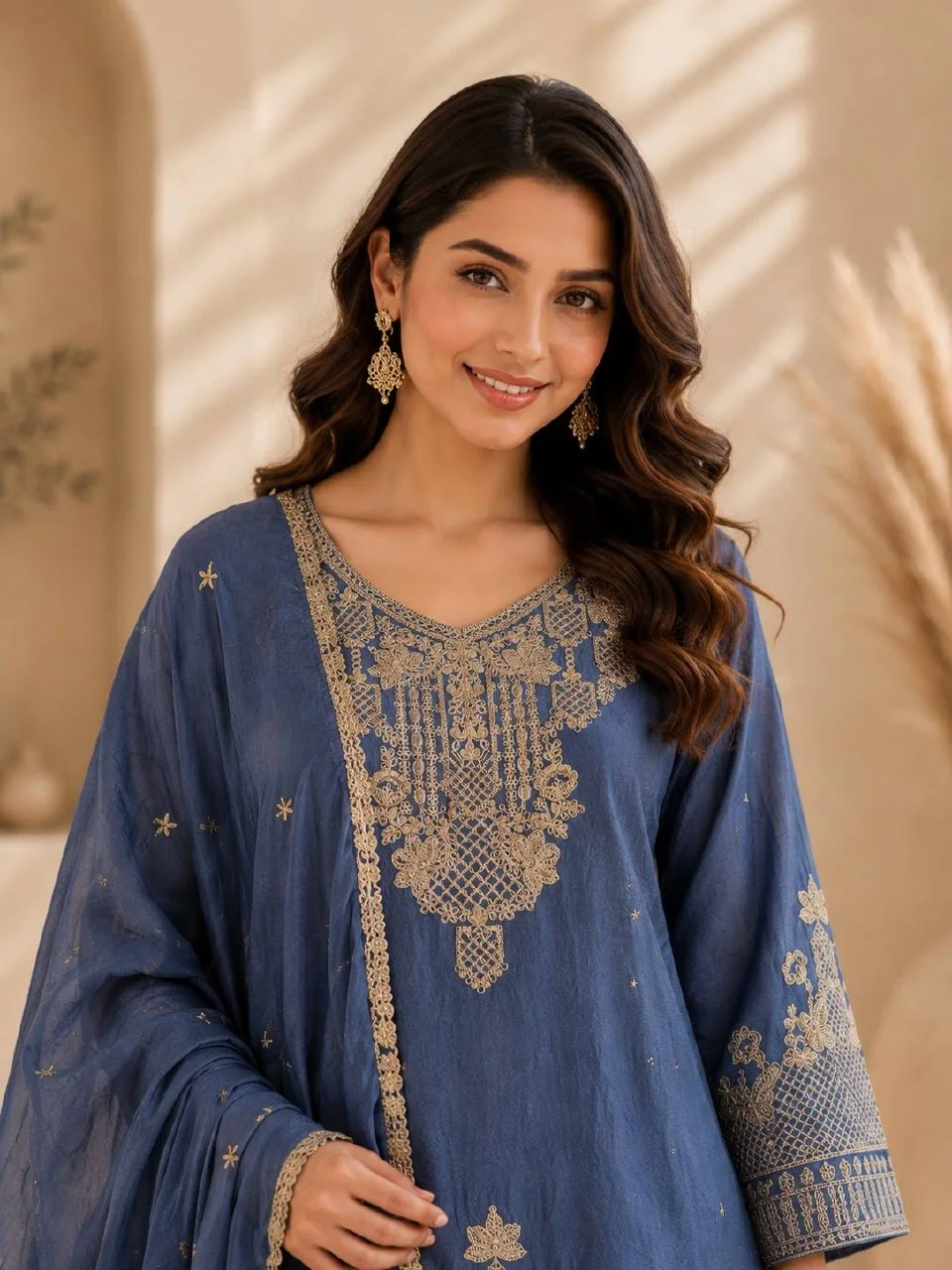 Embroidered V Neck Kurta Set with Dupatta in Denim Blue — photo 3 of 6