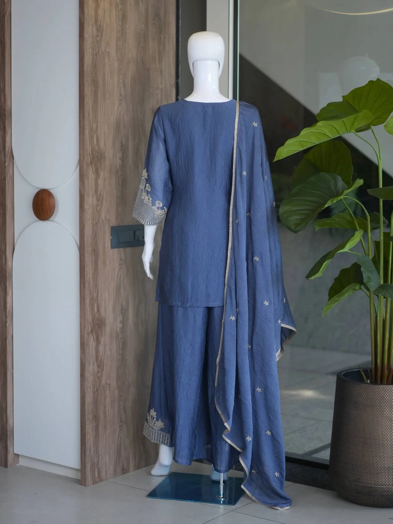 Embroidered V Neck Kurta Set with Dupatta in Denim Blue — photo 6 of 6
