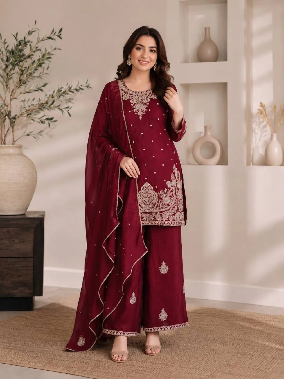 Sequin Butti Round Neck Kurta Palazzo Set in Maroon — photo 2 of 7