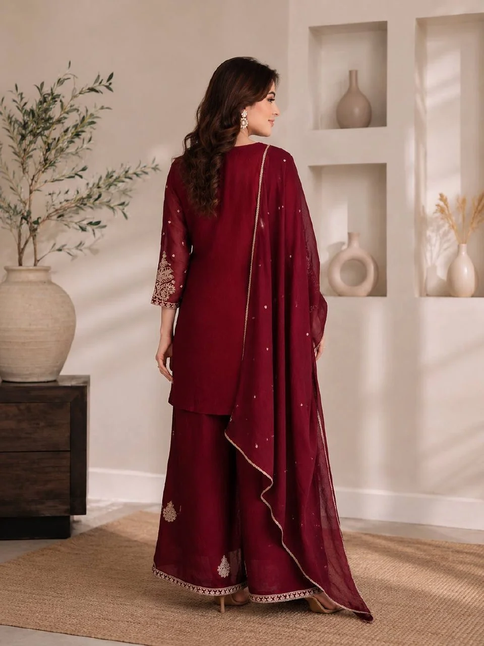 Sequin Butti Round Neck Kurta Palazzo Set in Maroon — photo 3 of 7