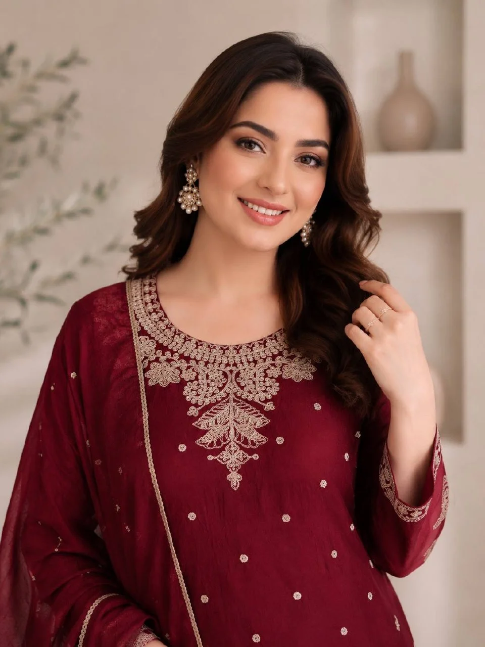 Sequin Butti Round Neck Kurta Palazzo Set in Maroon — photo 4 of 7