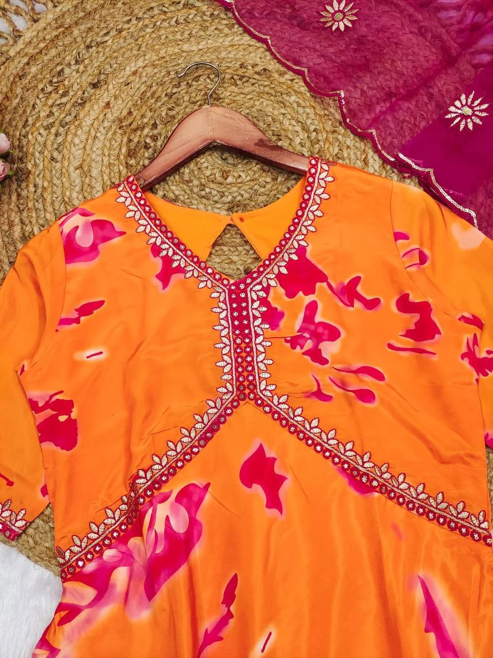 Crepe Printed Peplum Top Set with Palazzo in Orange — photo 6 of 8