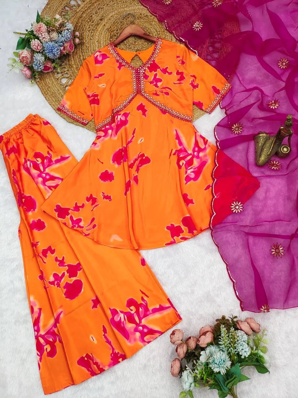 Crepe Printed Peplum Top Set with Palazzo in Orange — photo 7 of 8