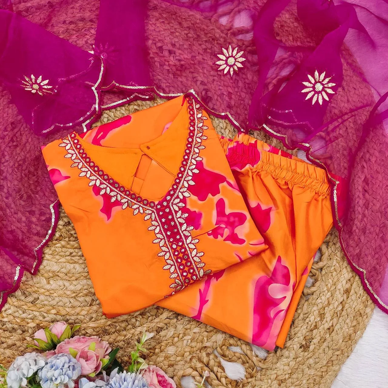 Crepe Printed Peplum Top Set with Palazzo in Orange — photo 8 of 8
