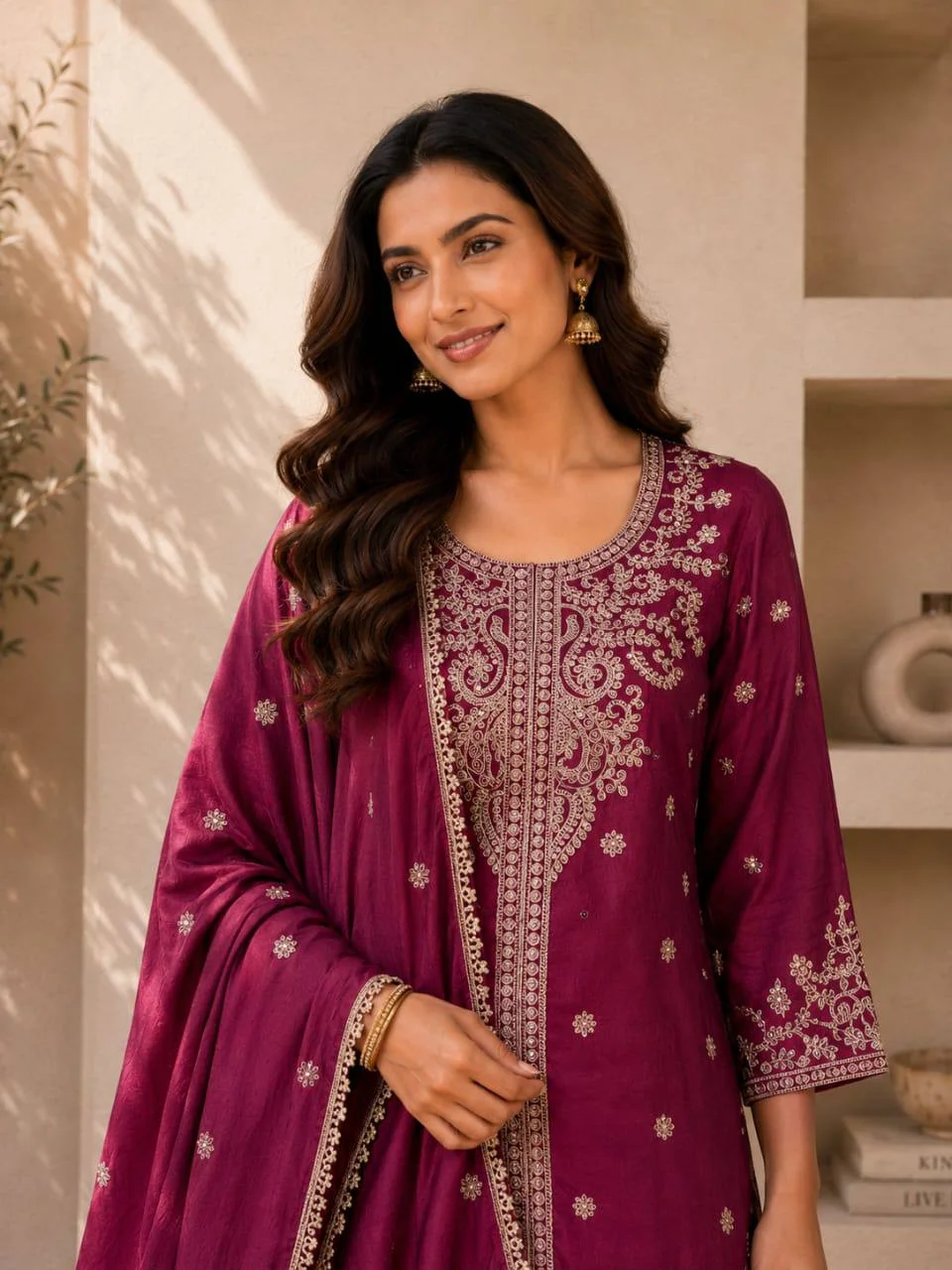 Heavy Embroidered Straight Kurta Palazzo Set in Wine — photo 2 of 5