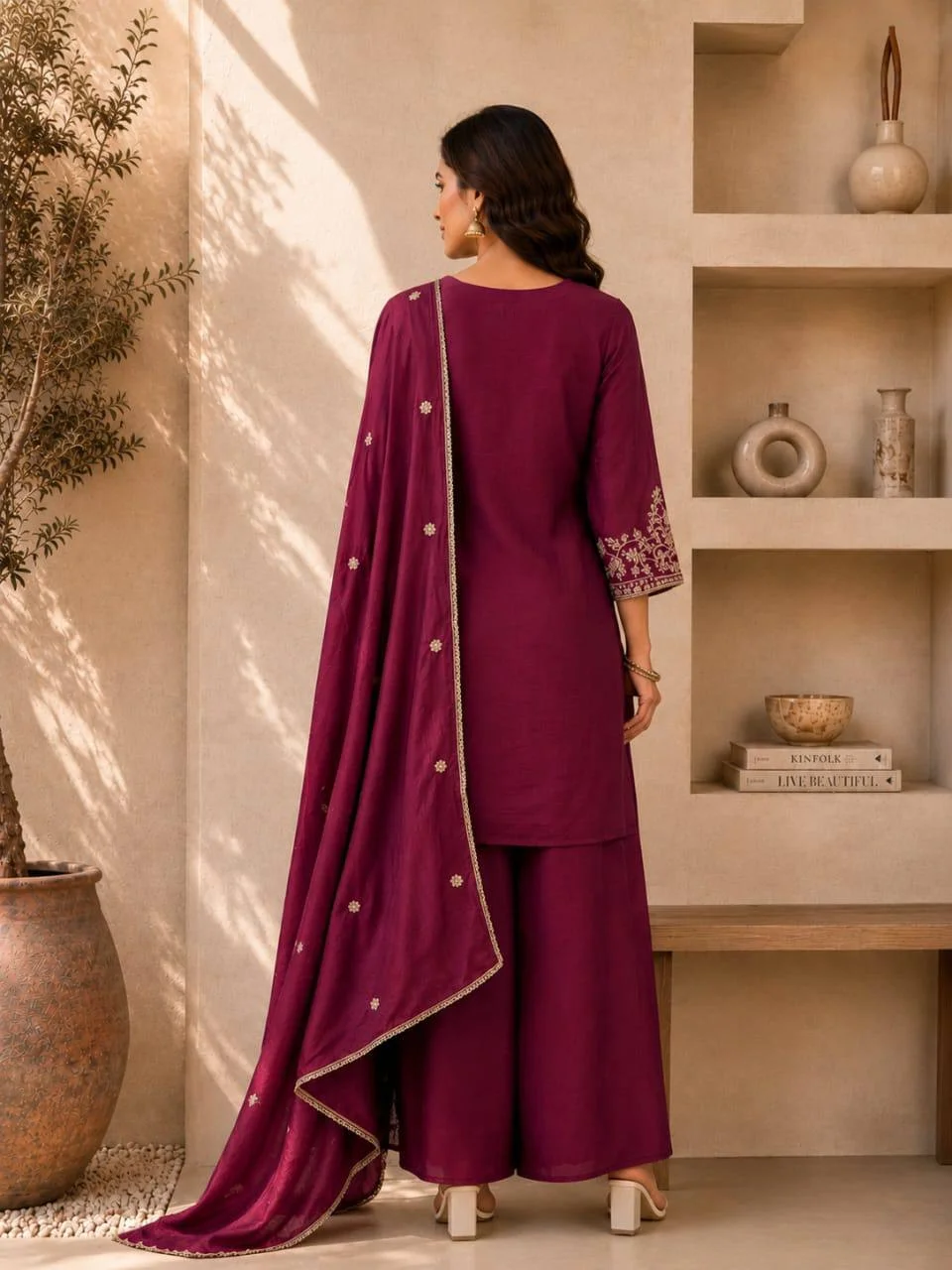 Heavy Embroidered Straight Kurta Palazzo Set in Wine — photo 3 of 5