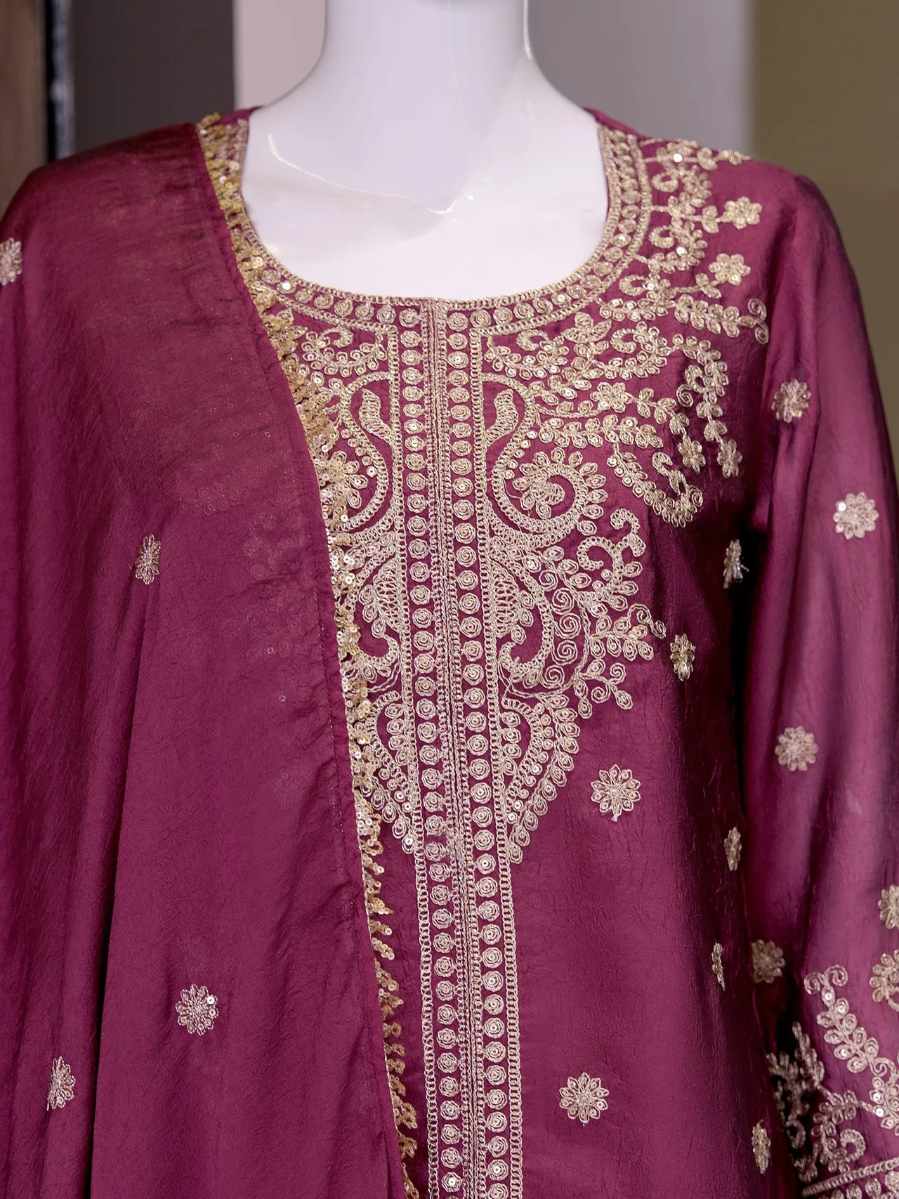 Heavy Embroidered Straight Kurta Palazzo Set in Wine — photo 4 of 5
