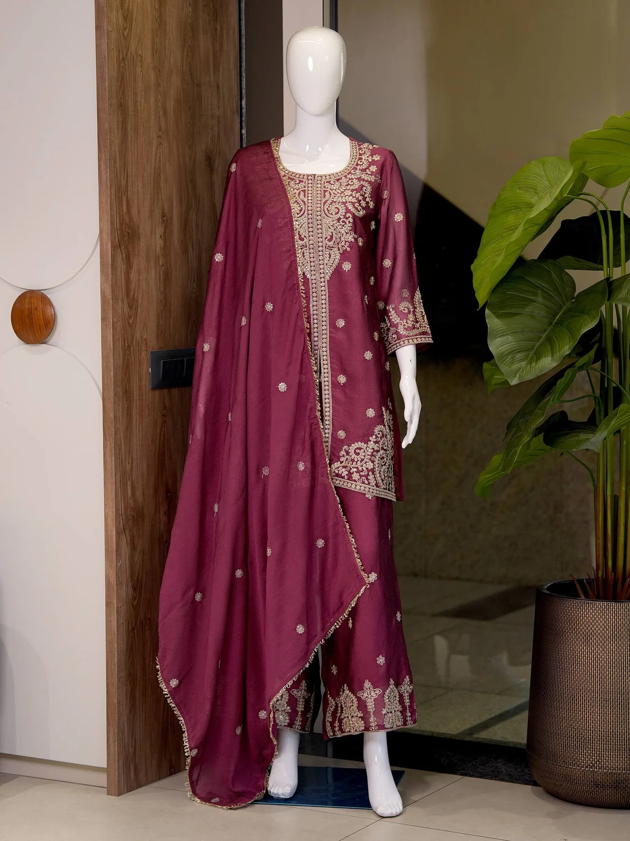 Heavy Embroidered Straight Kurta Palazzo Set in Wine — photo 5 of 5
