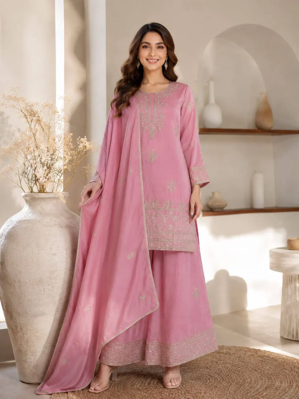 Silk Embroidered Kurta Set with Palazzo in Onion Pink — photo 2 of 7