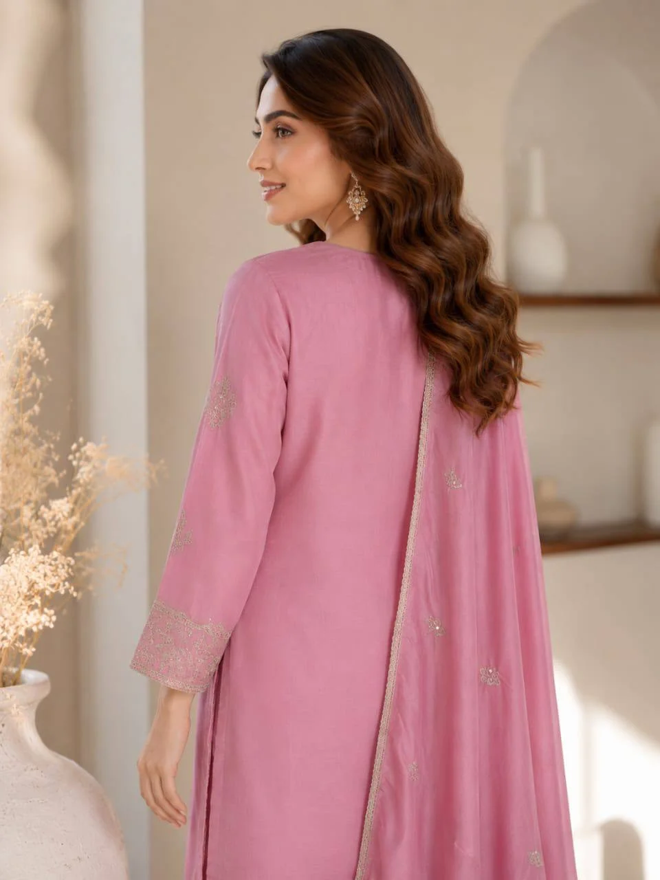 Silk Embroidered Kurta Set with Palazzo in Onion Pink — photo 3 of 7