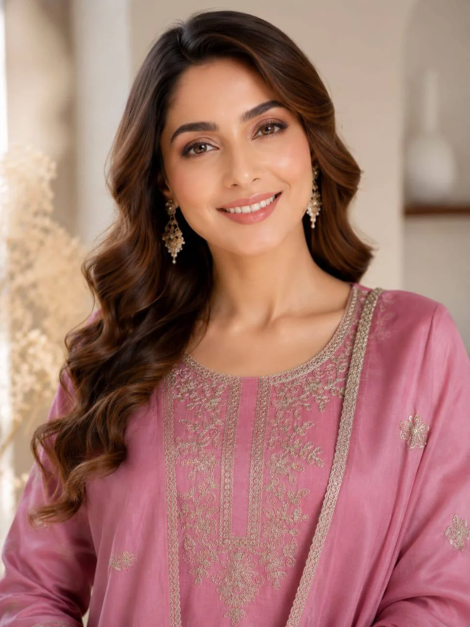 Silk Embroidered Kurta Set with Palazzo in Onion Pink — photo 4 of 7