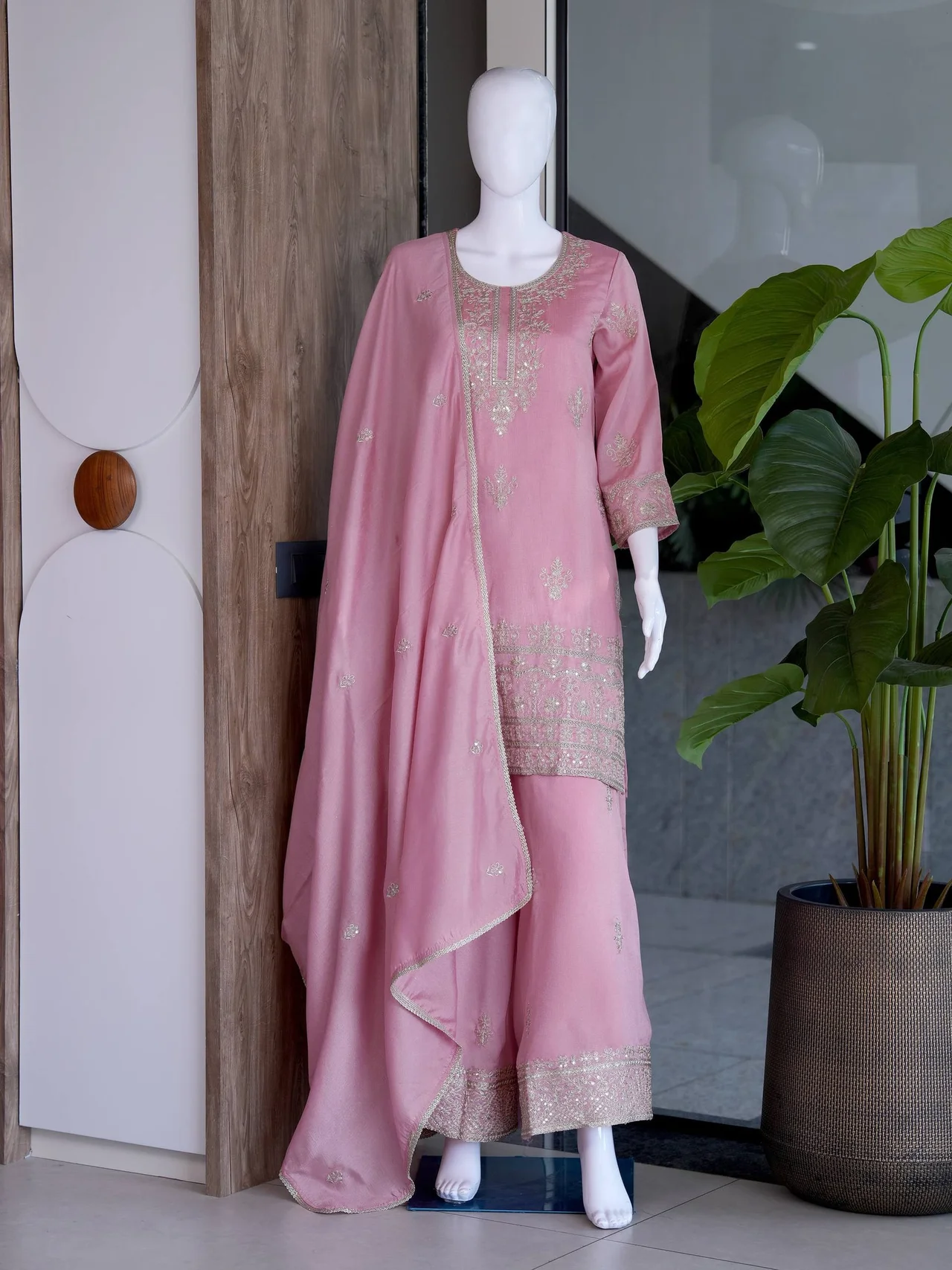 Silk Embroidered Kurta Set with Palazzo in Onion Pink — photo 6 of 7