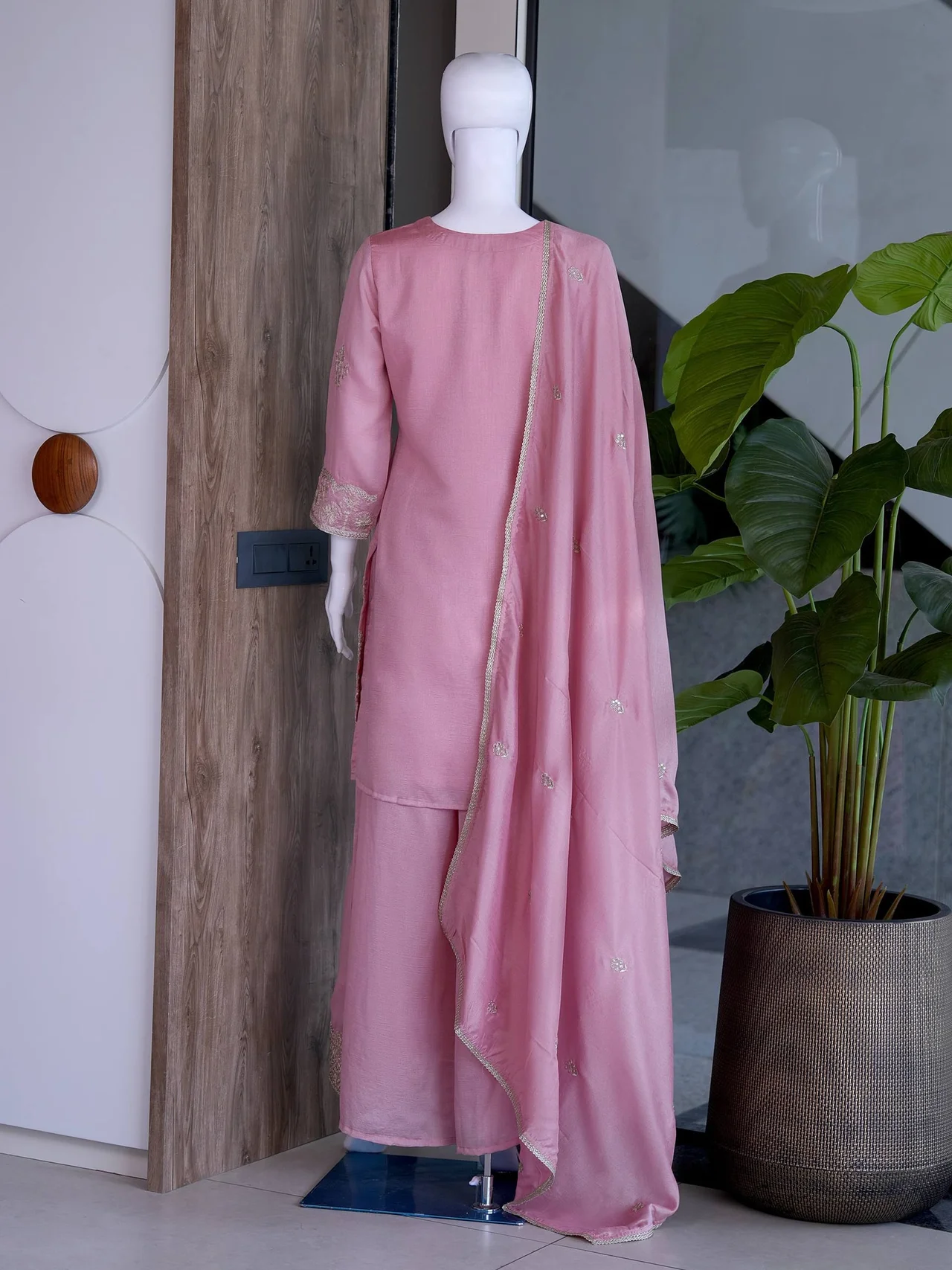 Silk Embroidered Kurta Set with Palazzo in Onion Pink — photo 7 of 7