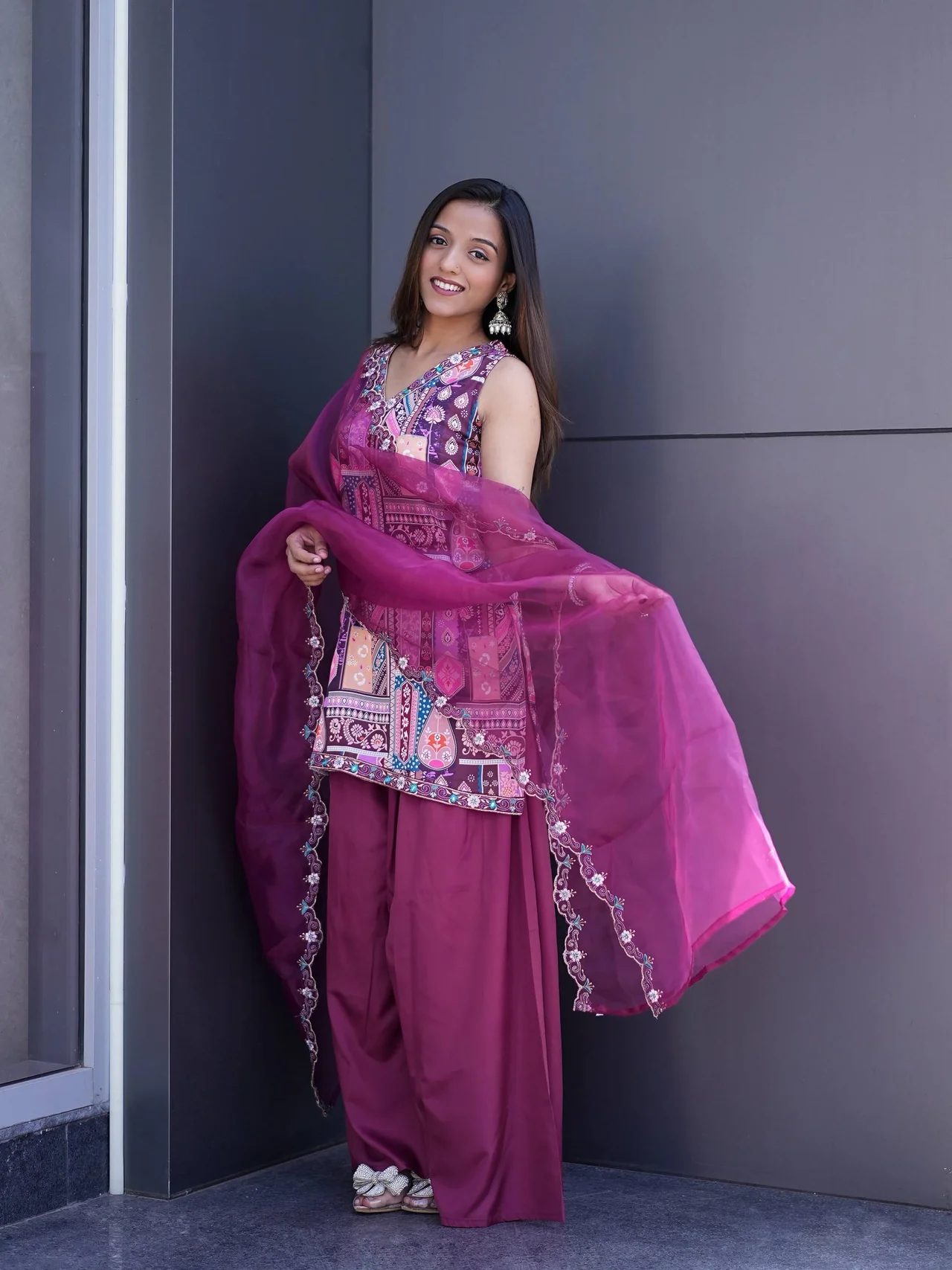 Satin Printed Sleeveless Kurta Set with Pant in Wine — photo 3 of 9