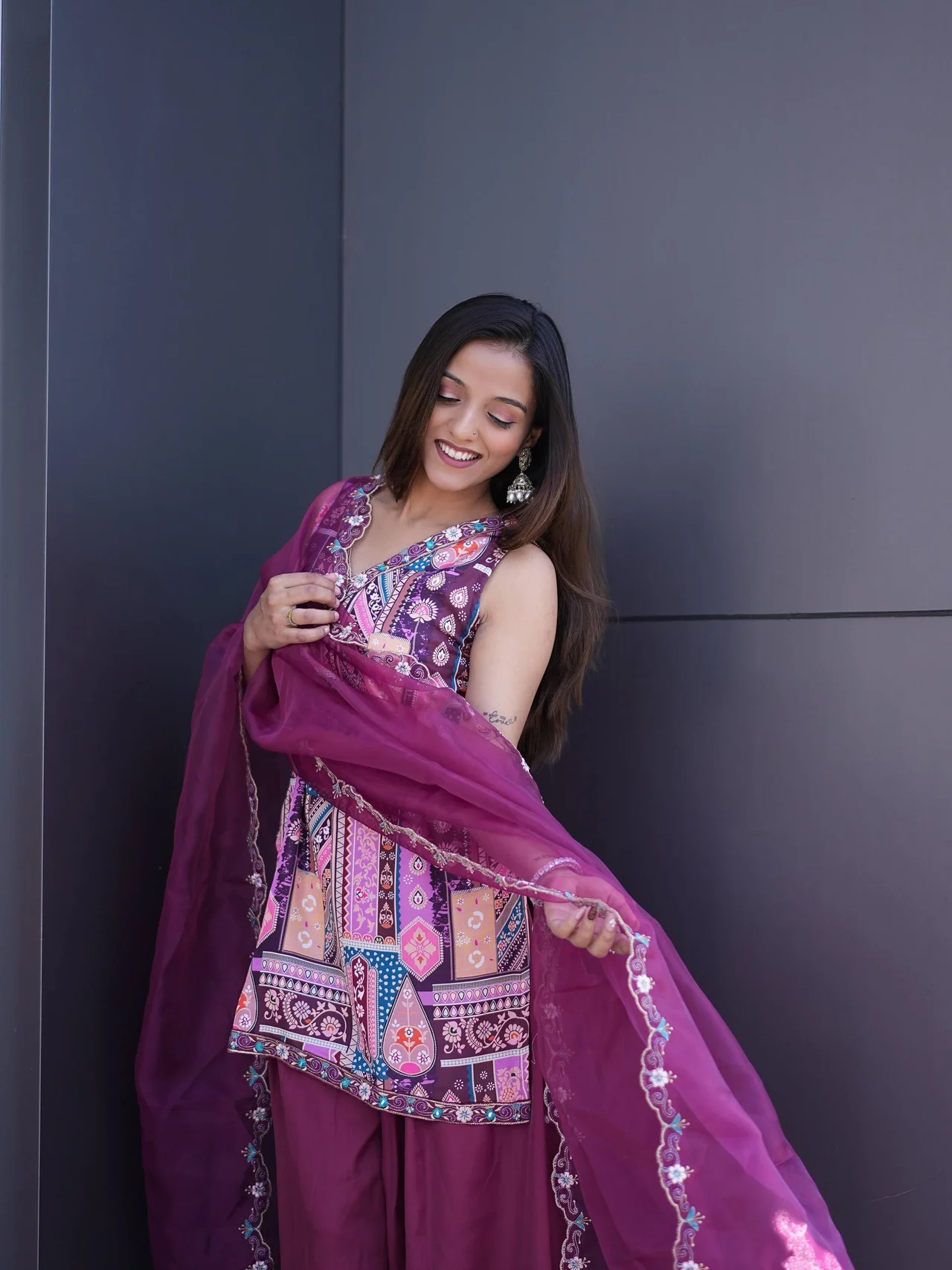 Satin Printed Sleeveless Kurta Set with Pant in Wine — photo 4 of 9