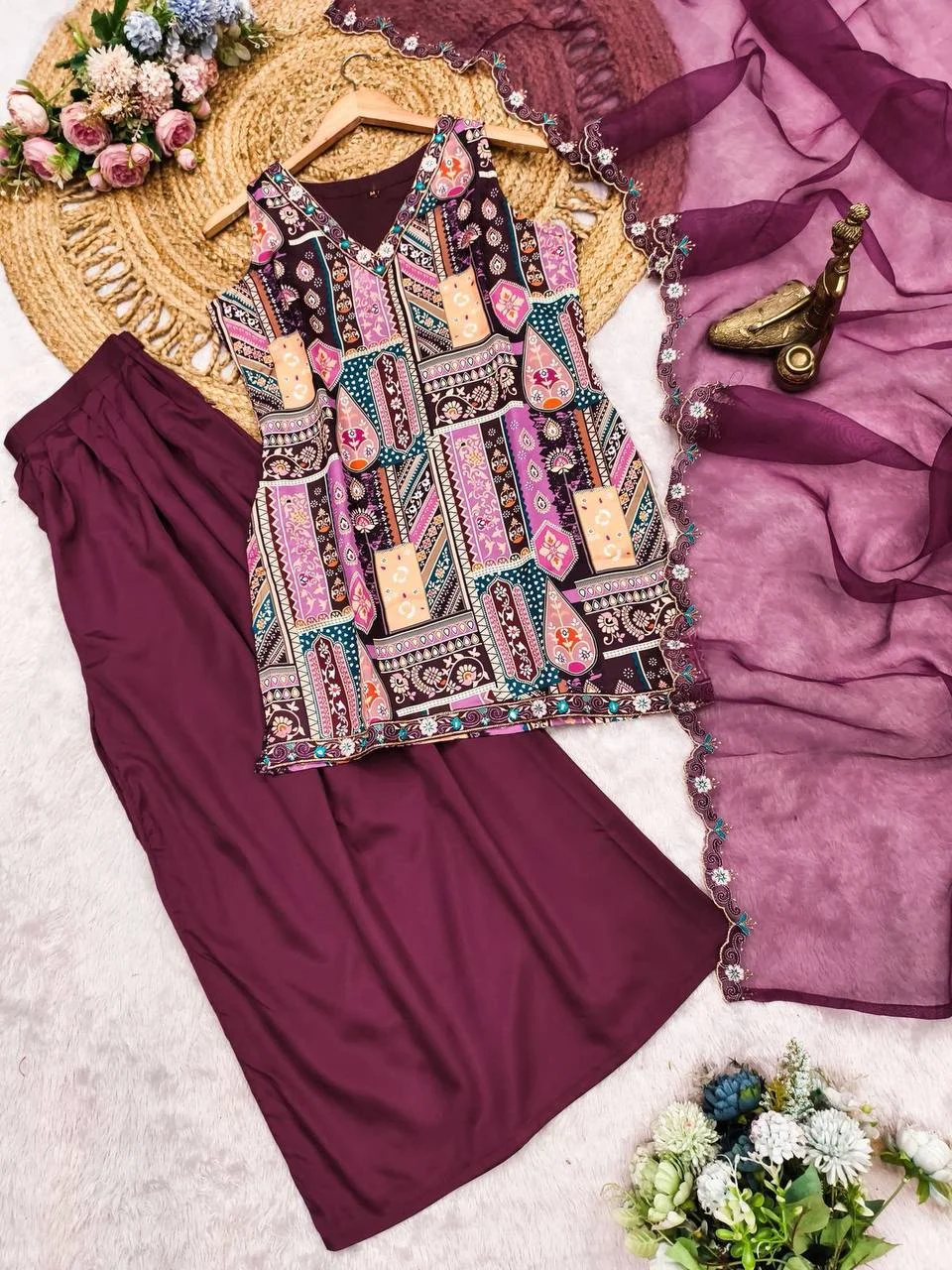 Satin Printed Sleeveless Kurta Set with Pant in Wine — photo 7 of 9