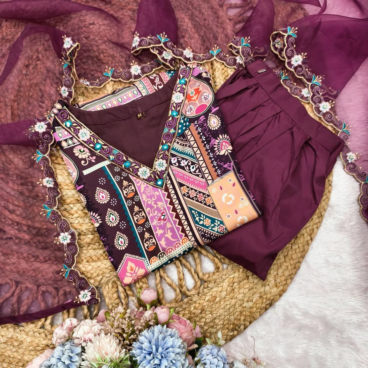 Satin Printed Sleeveless Kurta Set with Pant in Wine — photo 9 of 9